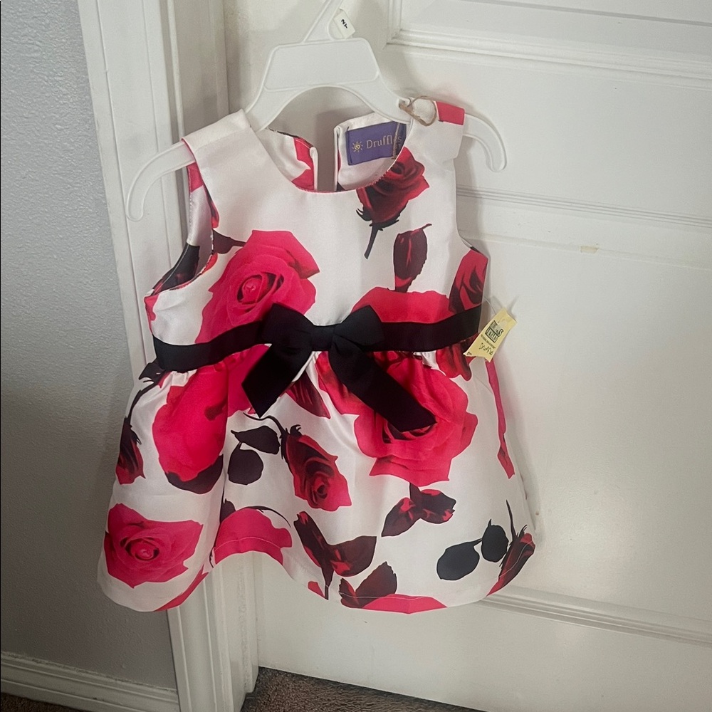 Kids Formal Dress - White with Red Floral